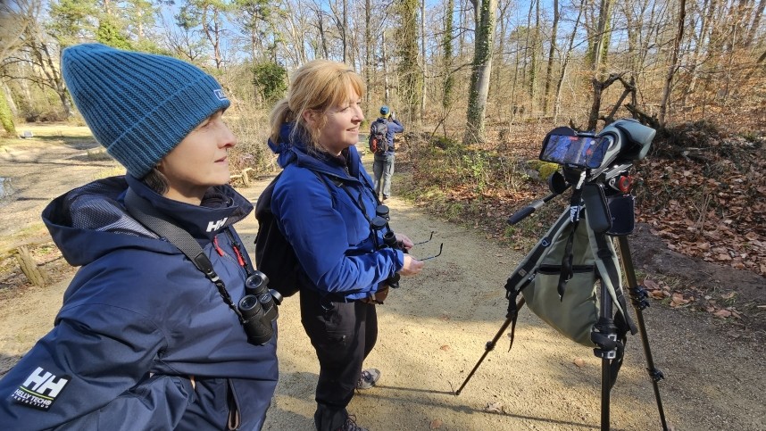 YCN guests phonescoping Black Woodpeckers - March 2026 © Richard Baines